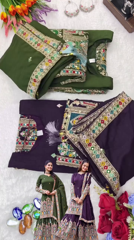 Royal Ethnic Kurta Sharara Set Collection Deep Green and Plum Shades with Intricate Multicolor Heritage-Inspired Temple Embroidery on Hemlines, Embellished Dupattas, and Flared Sharara Bottoms – Perfect Traditional for Weddings, and Navratri