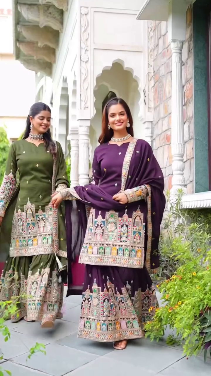 Royal Ethnic Kurta Sharara Set Collection Deep Green and Plum Shades with Intricate Multicolor Heritage-Inspired Temple Embroidery on Hemlines, Embellished Dupattas, and Flared Sharara Bottoms – Perfect Traditional for Weddings, and Navratri