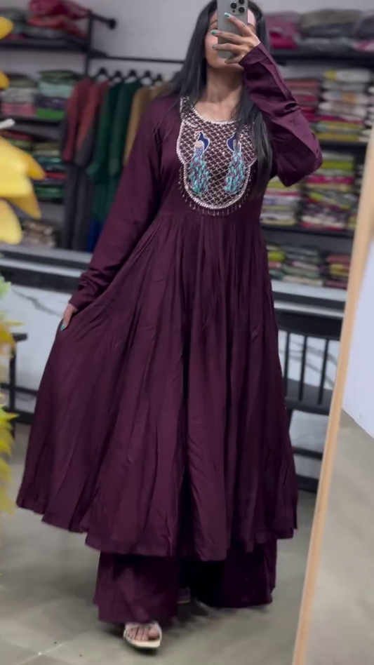 Elegant Maroon Dress with Intricate Peacock Embroidery, Perfect for Festive Occasions and Traditional Wear