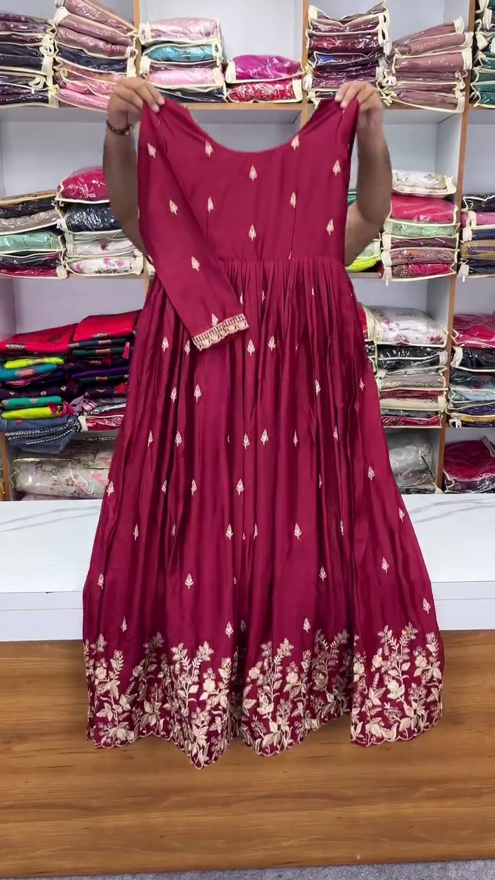 Red Anarkali Dress with Gold Embroidery, Flowing Dupatta, and Elegant Traditional Earrings – Perfect for Festive Occasions and Celebrations