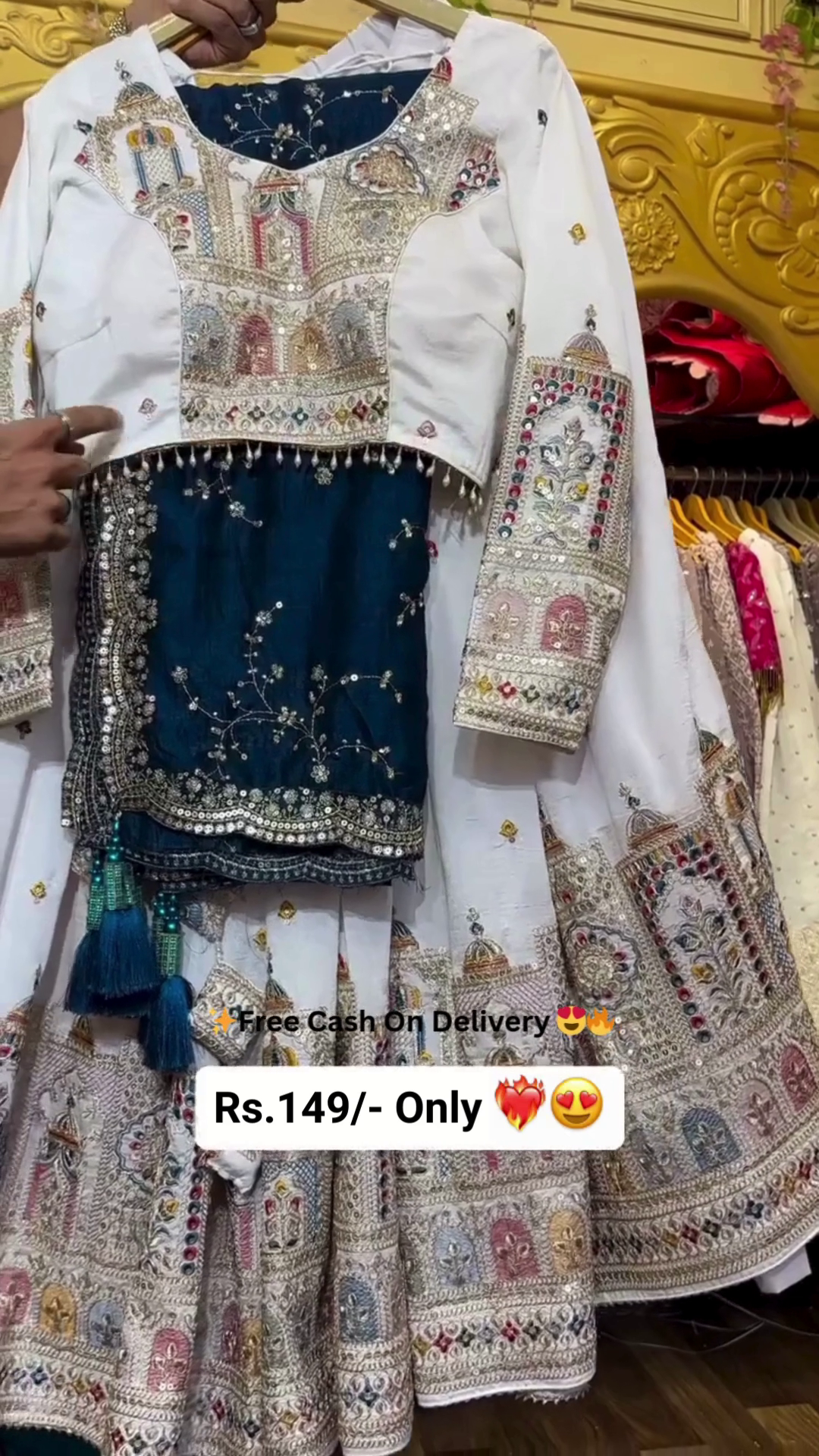 Embroidered Traditional Indian Lehenga Choli Set with White Mirror and Thread Work Jacket, Navy Blue Embellished Inner Kurti, Beaded Tassels and Heavy Multicolor Zari Work Skirt