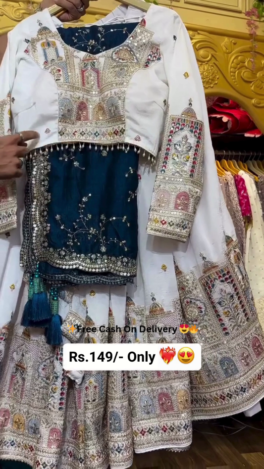 Embroidered Traditional Indian Lehenga Choli Set with White Mirror and Thread Work Jacket, Navy Blue Embellished Inner Kurti, Beaded Tassels and Heavy Multicolor Zari Work Skirt