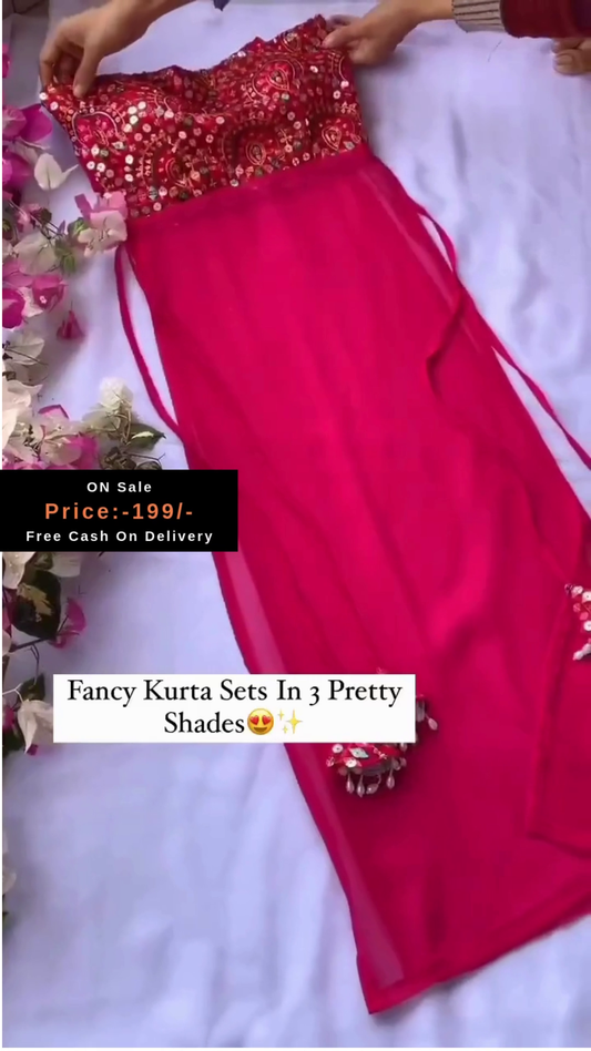 Fancy Kurta Set for Women – Stylish Party Wear with Embroidered Neck Design | Available in 3 Beautiful Shades (Pink, Yellow & Black)