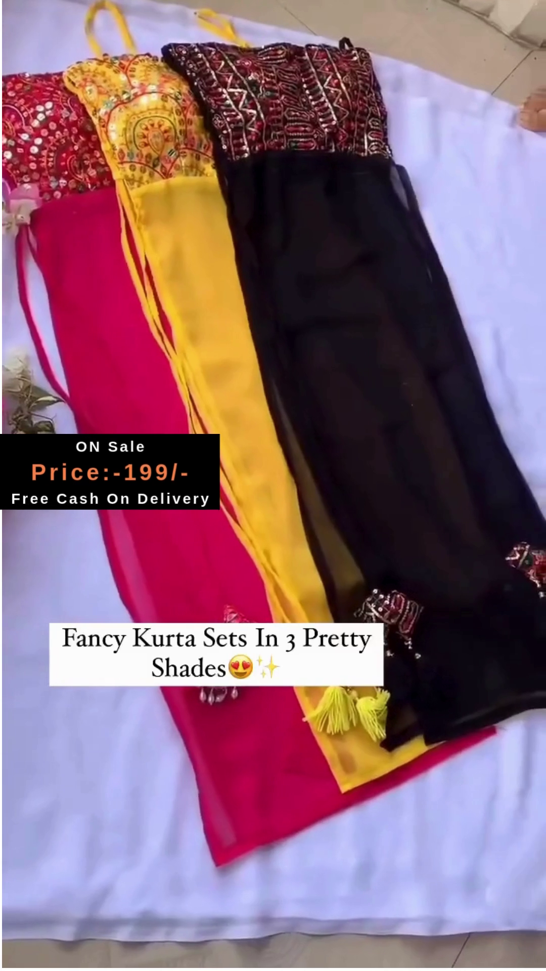 Fancy Kurta Set for Women – Stylish Party Wear with Embroidered Neck Design | Available in 3 Beautiful Shades (Pink, Yellow & Black)