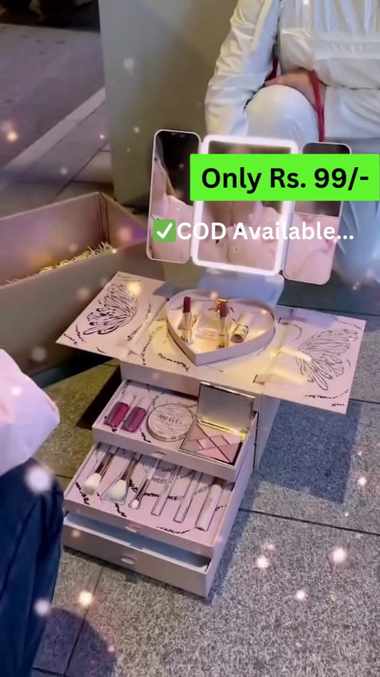 Luxury All-in-One Makeup Gift Set with Mirror, Lipsticks, Brushes & Multi-Layer Storage Box – Perfect Cosmetic Kit for Women & Girls