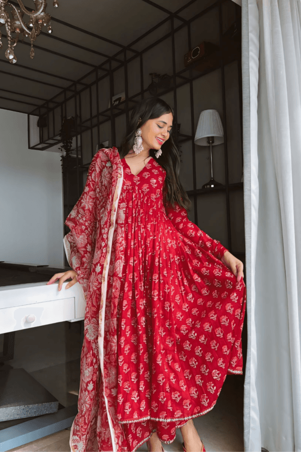 THE RED TRADITIONAL ANARKALI PAIRED WITH CHURIDAR AND DUPATTA - Image 3