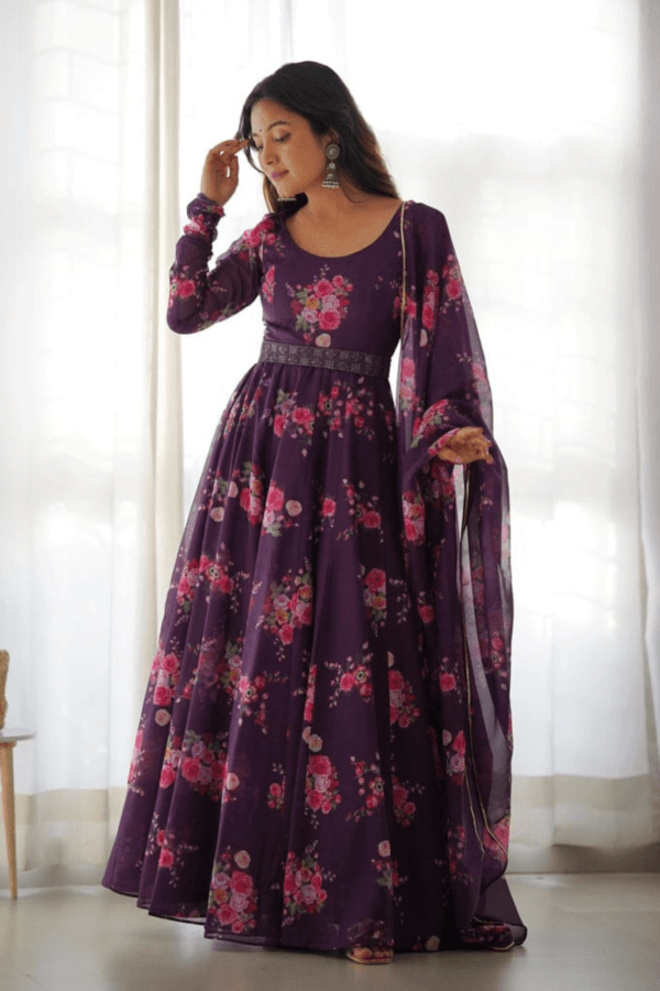 SOFT ORGANZA SILK ANARKALI KALI CUT GOWN WAIST BELT WITH DUPPTA AND PENT FULLY STITCHED