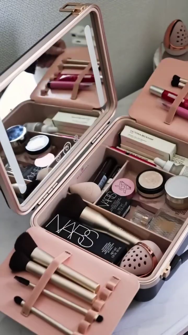 All-in-One Portable LED Makeup Organizer Box with Touchscreen Mirror, Magnifying Glass, Adjustable Lighting, and Compartments for Brushes, Cosmetics, and Skincare Essentials
