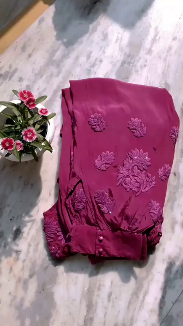 Embroidered Tunic & Trouser / Women Magenta Embroidered Semi-Stitched Dress Material - Image 2