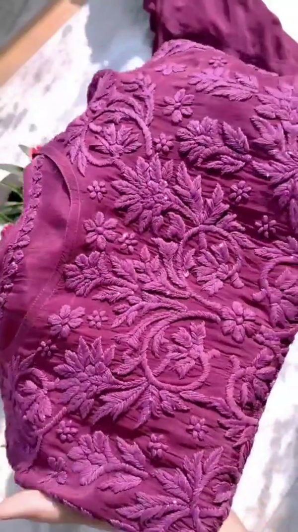 Embroidered Tunic & Trouser / Women Magenta Embroidered Semi-Stitched Dress Material - Image 3