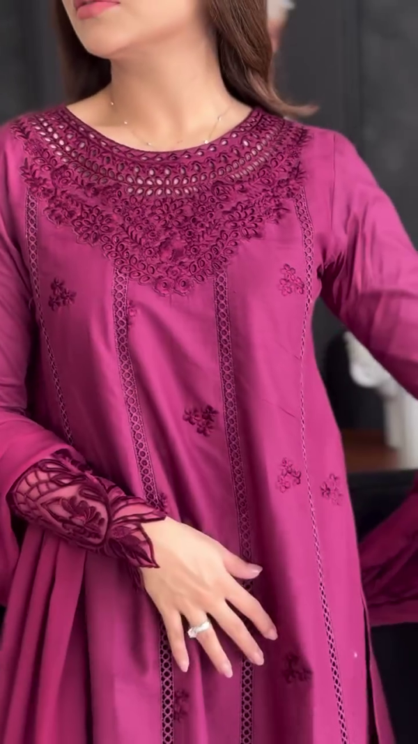 Maroon Embellished Long Frock with Dupatta Pakistani Party Dress - Image 3