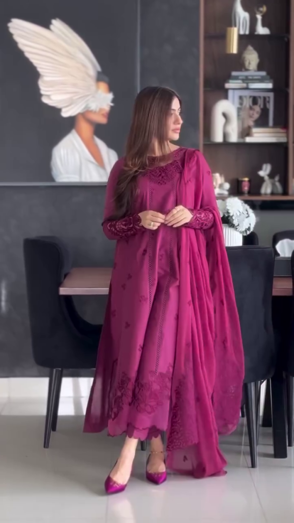 Maroon Embellished Long Frock with Dupatta Pakistani Party Dress - Image 4