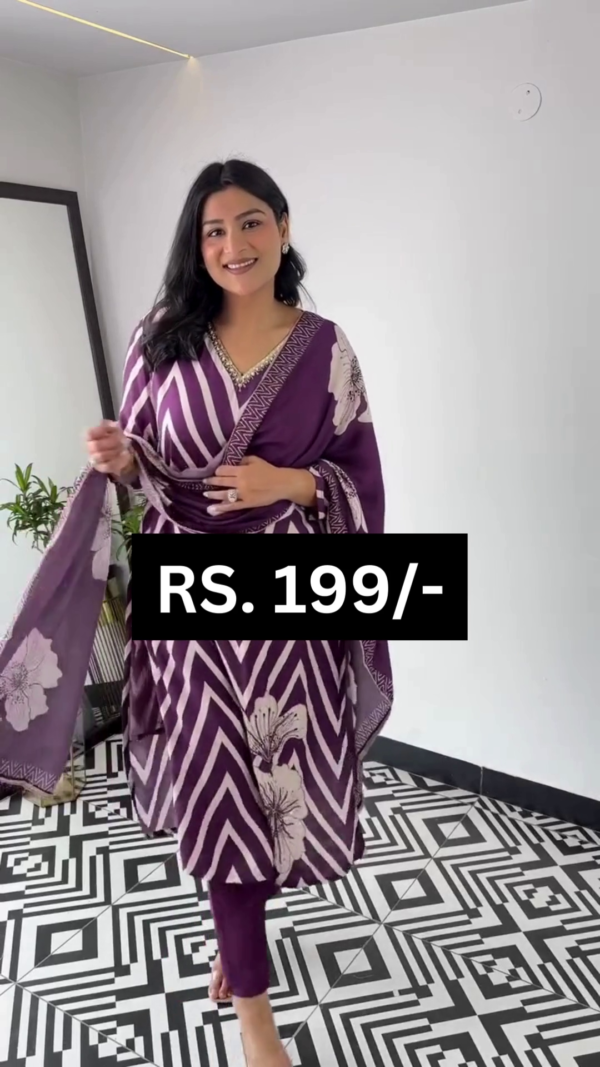 Chevron Printed & Schiffli Embroidered Straight Kurta with Pant & Dupatta - Purple