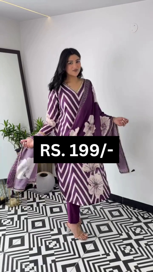 Chevron Printed & Schiffli Embroidered Straight Kurta with Pant & Dupatta - Purple - Image 3