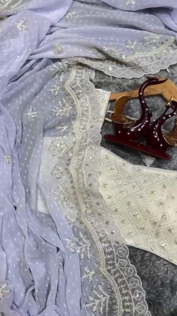 Exclusive Organza chikankari Silk Party Wear Lucknowi Gottapati Saree With Designer Georgette White Blouse