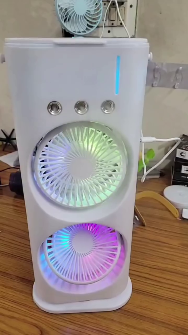 Portable Dual-Fan Air Circulator Tower with Colorful RGB LED Lights, Humidifier Function, and Multi-Speed Control – USB Rechargeable Desktop Cooling Fan for Home, Office, and Personal Use