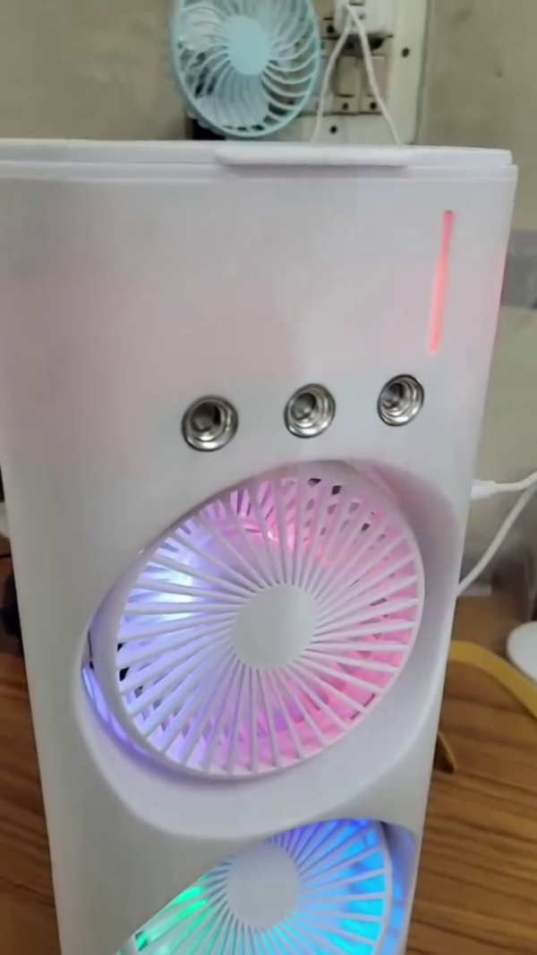 Portable Dual-Fan Air Circulator Tower with Colorful RGB LED Lights, Humidifier Function, and Multi-Speed Control – USB Rechargeable Desktop Cooling Fan for Home, Office, and Personal Use - Image 2