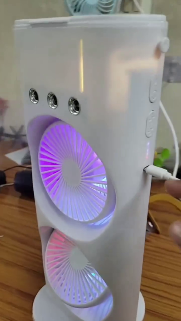 Portable Dual-Fan Air Circulator Tower with Colorful RGB LED Lights, Humidifier Function, and Multi-Speed Control – USB Rechargeable Desktop Cooling Fan for Home, Office, and Personal Use - Image 3