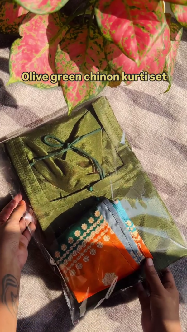 Festive Olive Green Chinon Kurti Set with Multi-Colored Button Detailing and Vibrant Bandhani Dupatta – Ethnic Wear for Celebrations, Weddings & Special Occasions