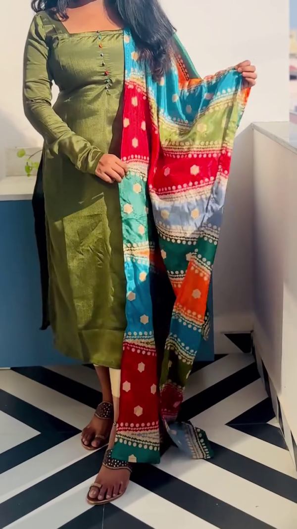 Festive Olive Green Chinon Kurti Set with Multi-Colored Button Detailing and Vibrant Bandhani Dupatta – Ethnic Wear for Celebrations, Weddings & Special Occasions - Image 3