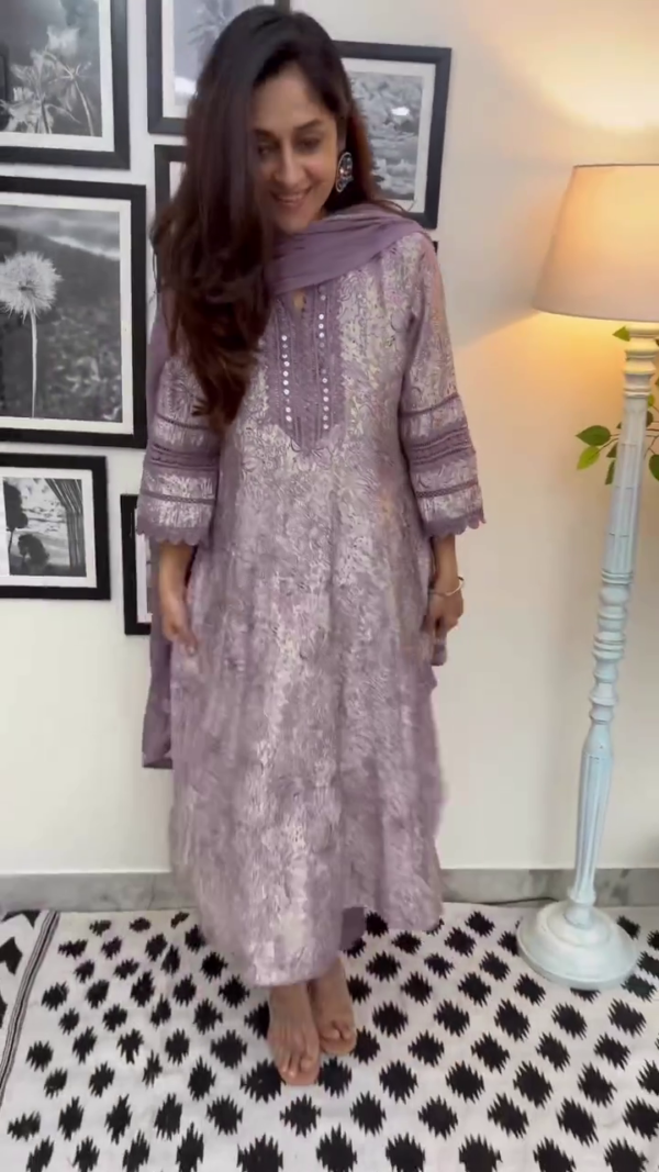 Lavender Floral Printed Cotton Straight Kurta Set with Intricate Lace Detailing, Sequin Embellishments, and Matching Dupatta Perfect for Festive and Ethnic Occasions