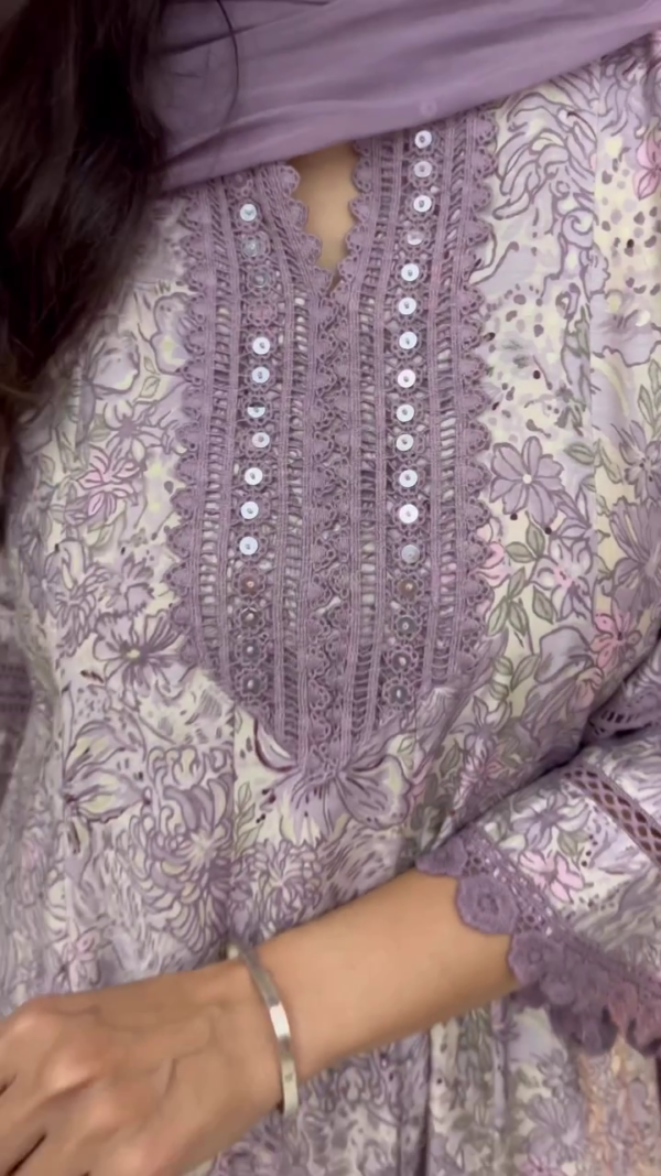 Lavender Floral Printed Cotton Straight Kurta Set with Intricate Lace Detailing, Sequin Embellishments, and Matching Dupatta Perfect for Festive and Ethnic Occasions - Image 2