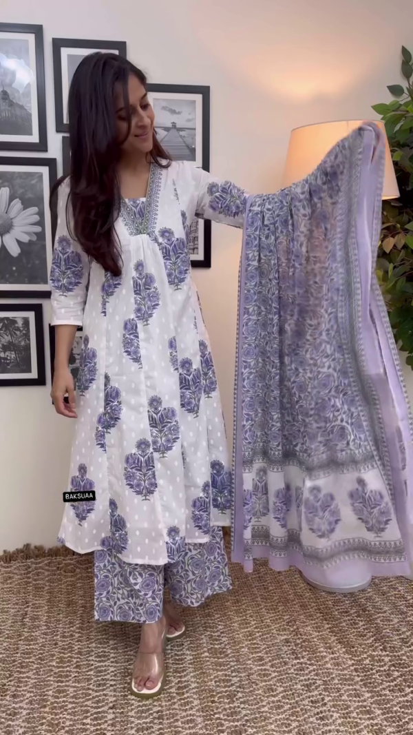 White and Lavender Handblock Printed Cotton Kurta Set with Floral Motifs, Polka Dot Detailing, Comfortable Palazzo Pants, Coordinated Dupatta, Side Pockets, and Intricate Embroidered Neckline