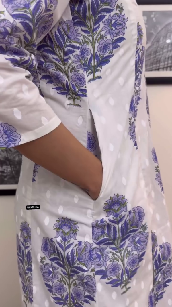 White and Lavender Handblock Printed Cotton Kurta Set with Floral Motifs, Polka Dot Detailing, Comfortable Palazzo Pants, Coordinated Dupatta, Side Pockets, and Intricate Embroidered Neckline - Image 2