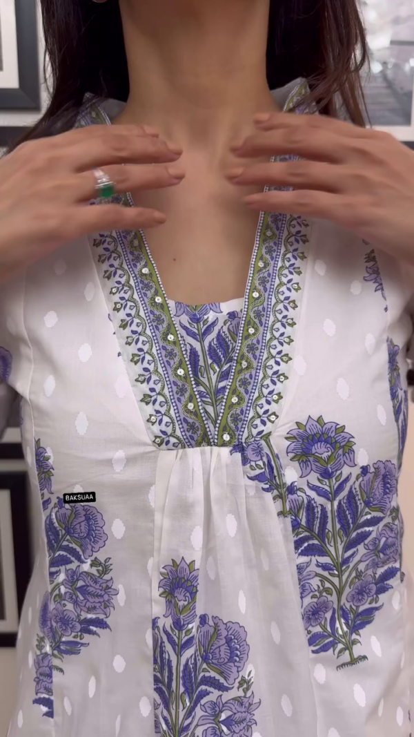 White and Lavender Handblock Printed Cotton Kurta Set with Floral Motifs, Polka Dot Detailing, Comfortable Palazzo Pants, Coordinated Dupatta, Side Pockets, and Intricate Embroidered Neckline - Image 3