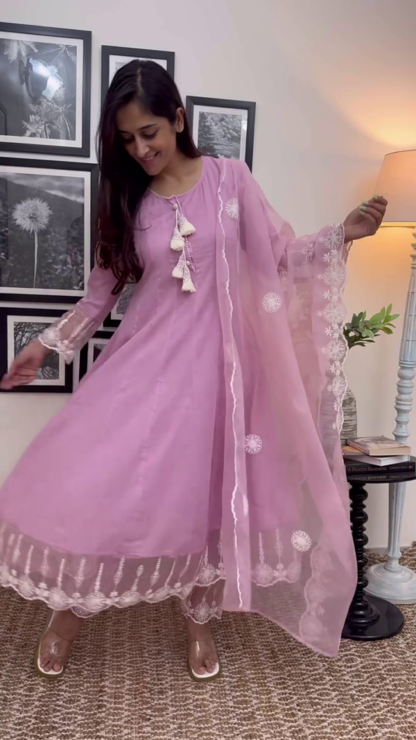 Mauve Pink Embroidered Anarkali Suit Set with Sheer Organza Dupatta, Delicate Lace Detailing on Sleeves and Hem, Paired with Matching Pants and Decorative Tassel Accents for a Graceful Festive Look - Image 2