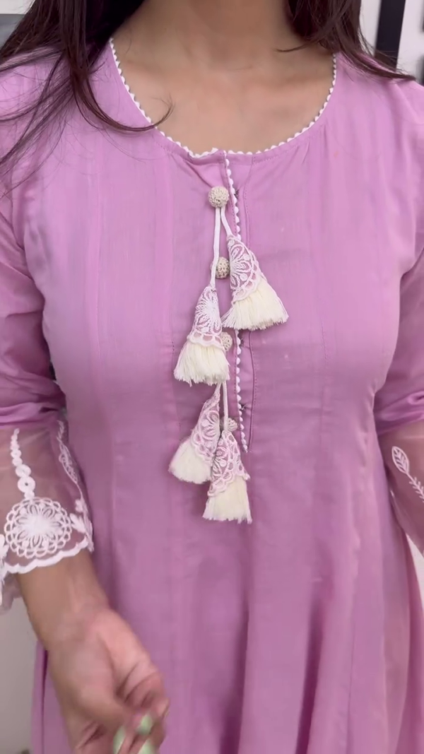 Mauve Pink Embroidered Anarkali Suit Set with Sheer Organza Dupatta, Delicate Lace Detailing on Sleeves and Hem, Paired with Matching Pants and Decorative Tassel Accents for a Graceful Festive Look - Image 3