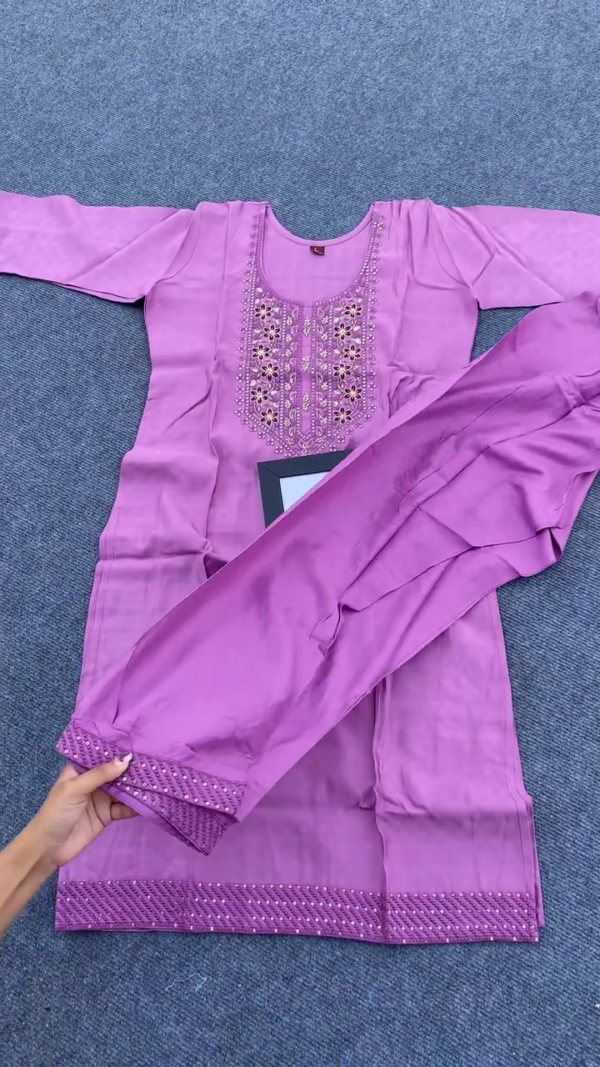 Premium Soft Cotton Embroidered Kurta Set with Floral Mirror Work Design and Matching Chiffon Dupatta, Available in Elegant Pastel Shades – Comfortable Ethnic Wear for Festive and Daily Occasions