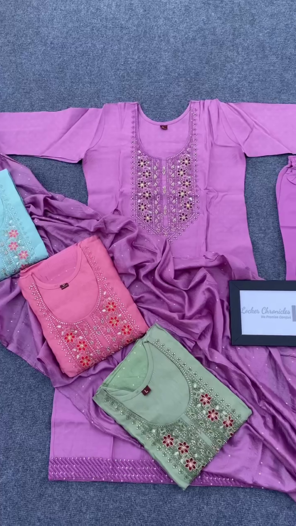 Premium Soft Cotton Embroidered Kurta Set with Floral Mirror Work Design and Matching Chiffon Dupatta, Available in Elegant Pastel Shades – Comfortable Ethnic Wear for Festive and Daily Occasions - Image 2