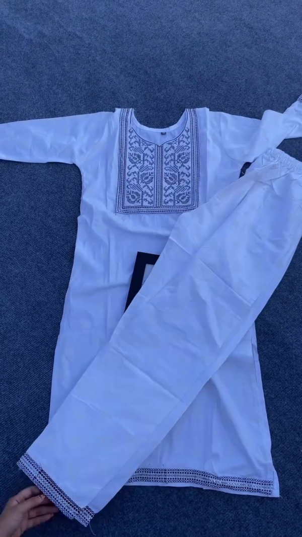 White Cotton Suit Set with Black Thread Embroidery on Kurta, Matching Pants, and Sheer Organza Dupatta Featuring Intricate Black Appliqué Work – Graceful Ethnic Wear - Image 2