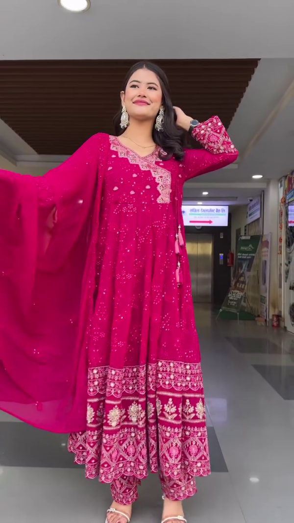 Magenta Pink Embroidered Anarkali Suit Set for Women with Heavy Gota and Sequin Work, Matching Dupatta, Palazzo Pants, and Ethnic Motif Detailing – Perfect for Festive and Wedding Occasions