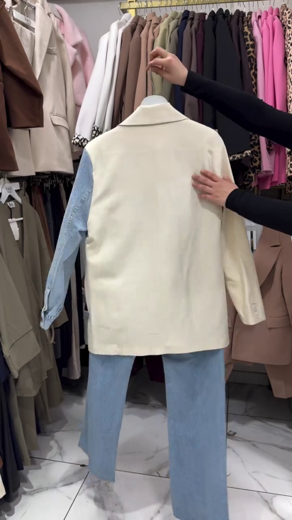 Two-Tone Patchwork Blazer and Denim Set – Cream Tailored Blazer with Blue Jean Accents, Denim Sleeve and Pocket Detail, Paired with High-Waisted Slim Fit Blue Jeans Trendy Hybrid Casual-Formal Outfit for Women - Image 3