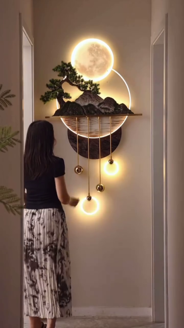 Modern LED Wall Art Light Featuring a 3D Mountain Landscape with Bonsai Tree, Full Moon Backdrop, and Elegant Gold Hanging Accents – Zen-Inspired Decorative Illumination for Hallways, Living Rooms, or Entryways