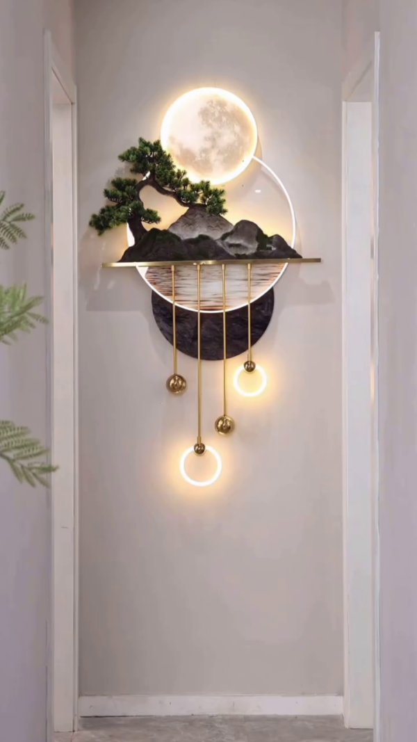 Modern LED Wall Art Light Featuring a 3D Mountain Landscape with Bonsai Tree, Full Moon Backdrop, and Elegant Gold Hanging Accents – Zen-Inspired Decorative Illumination for Hallways, Living Rooms, or Entryways - Image 2