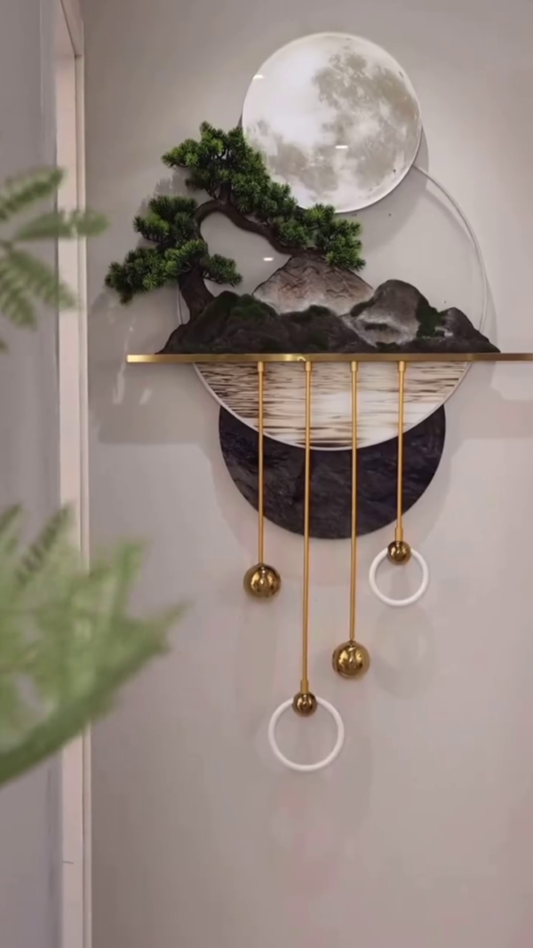Modern LED Wall Art Light Featuring a 3D Mountain Landscape with Bonsai Tree, Full Moon Backdrop, and Elegant Gold Hanging Accents – Zen-Inspired Decorative Illumination for Hallways, Living Rooms, or Entryways - Image 3