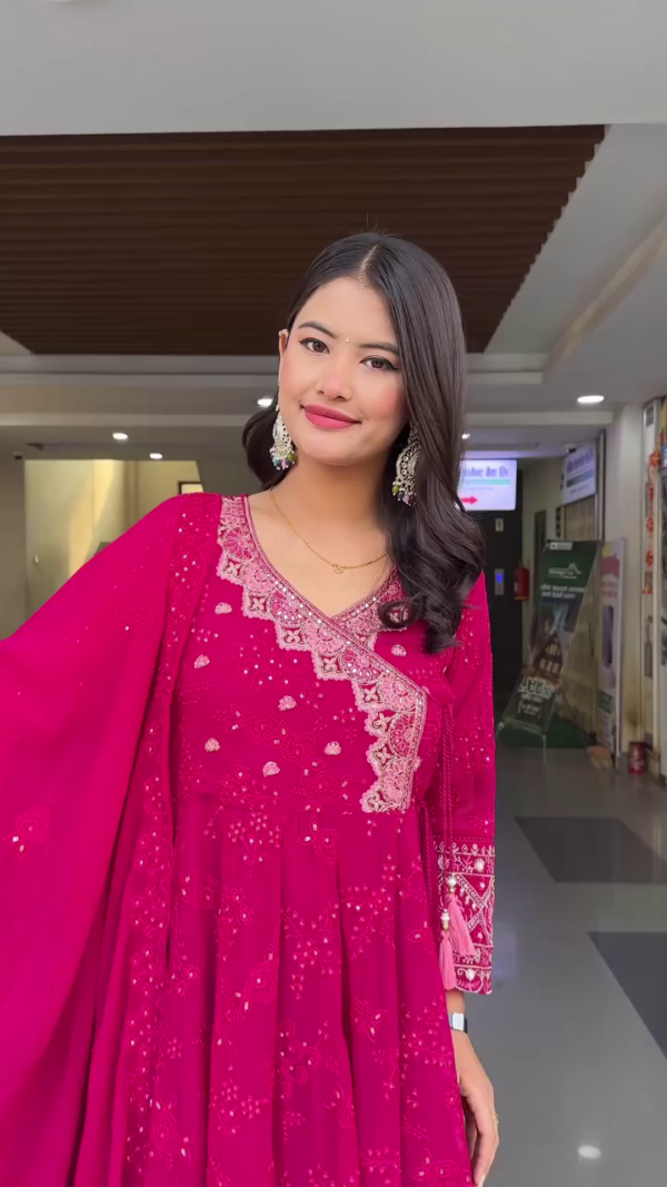 Magenta Pink Embroidered Anarkali Suit Set with Dupatta Featuring Intricate Thread Work, Mirror Detailing, and Gota Patti Border – Traditional Ethnic Wear for Women - Image 3