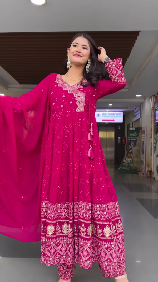 Magenta Pink Embroidered Anarkali Suit Set with Dupatta Featuring Intricate Thread Work, Mirror Detailing, and Gota Patti Border – Traditional Ethnic Wear for Women - Image 2