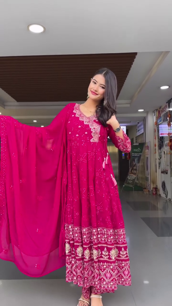 Magenta Pink Embroidered Anarkali Suit Set with Dupatta Featuring Intricate Thread Work, Mirror Detailing, and Gota Patti Border – Traditional Ethnic Wear for Women