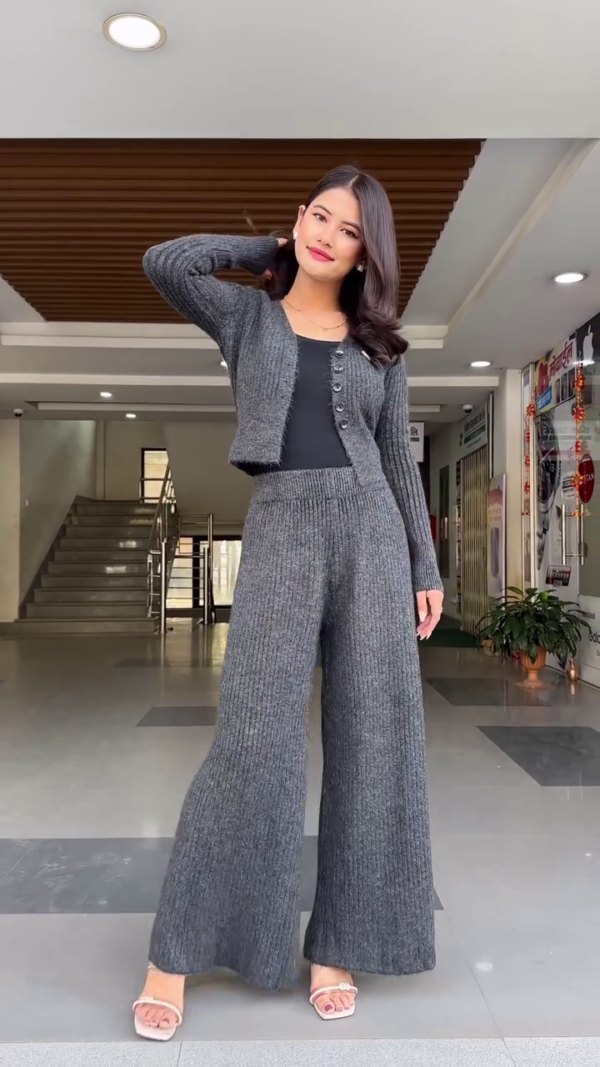 Women's Stylish Ribbed Knit Co-ord Set with Buttoned Cardigan and Wide-Leg Pants – Available in Beige Black and Charcoal Grey - Image 2