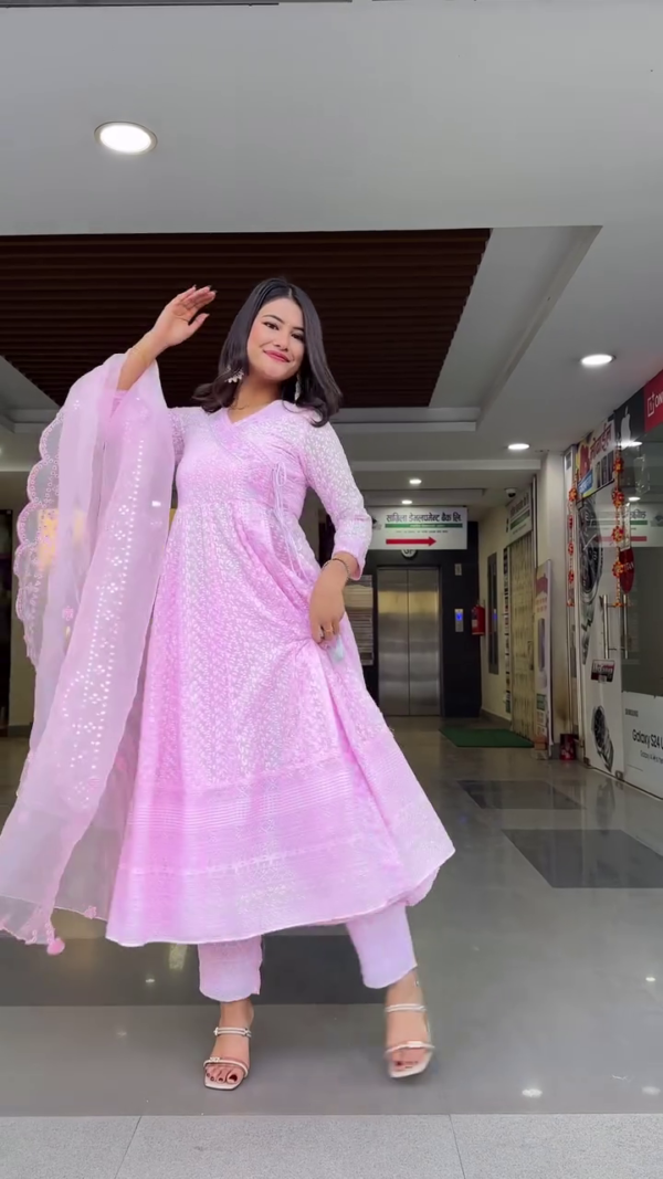 Light Pink Georgette Anarkali Suit Set with Intricate White Thread Embroidery, Paired with Matching Straight Pants and Scalloped Dupatta – Perfect for Festive and Ethnic Occasions