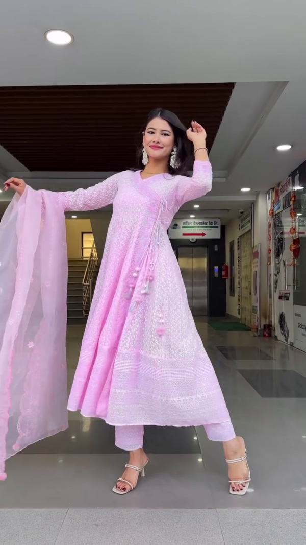 Light Pink Georgette Anarkali Suit Set with Intricate White Thread Embroidery, Paired with Matching Straight Pants and Scalloped Dupatta – Perfect for Festive and Ethnic Occasions - Image 2