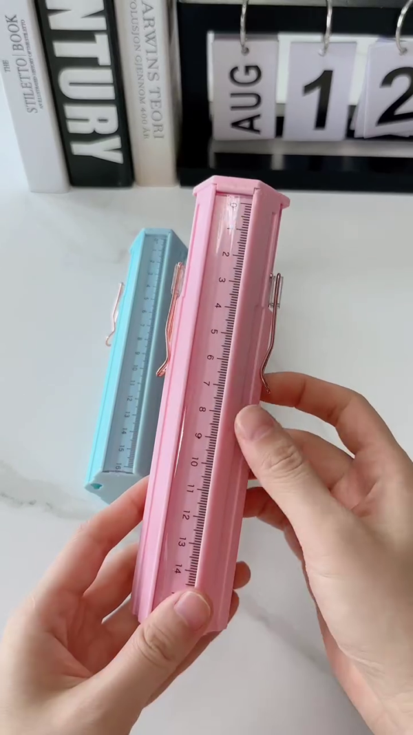 Multifunctional 2-in-1 Geometric Ruler and Compact Stationery Storage Box with Built-in Mini Pens, Eraser, Sharpener, and Clips – Ideal for Students, Artists, and On-the-Go Organization
