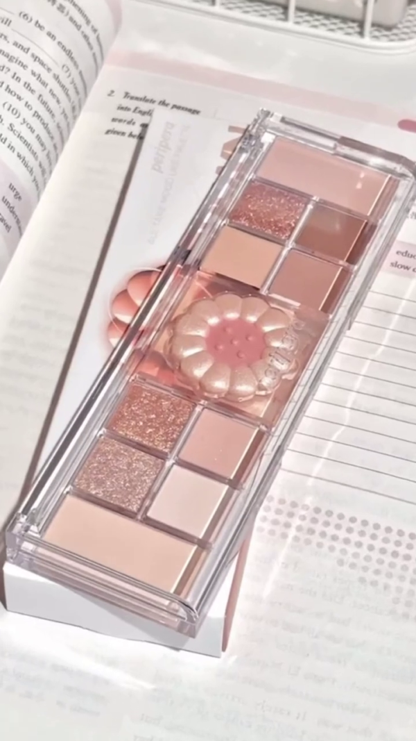 All-in-One Neutral Nude Eyeshadow Palette with Matte, Shimmer, and Glitter Shades Featuring a Floral Centerpiece Blush and Versatile Day-to-Night Colors for Effortless Glam