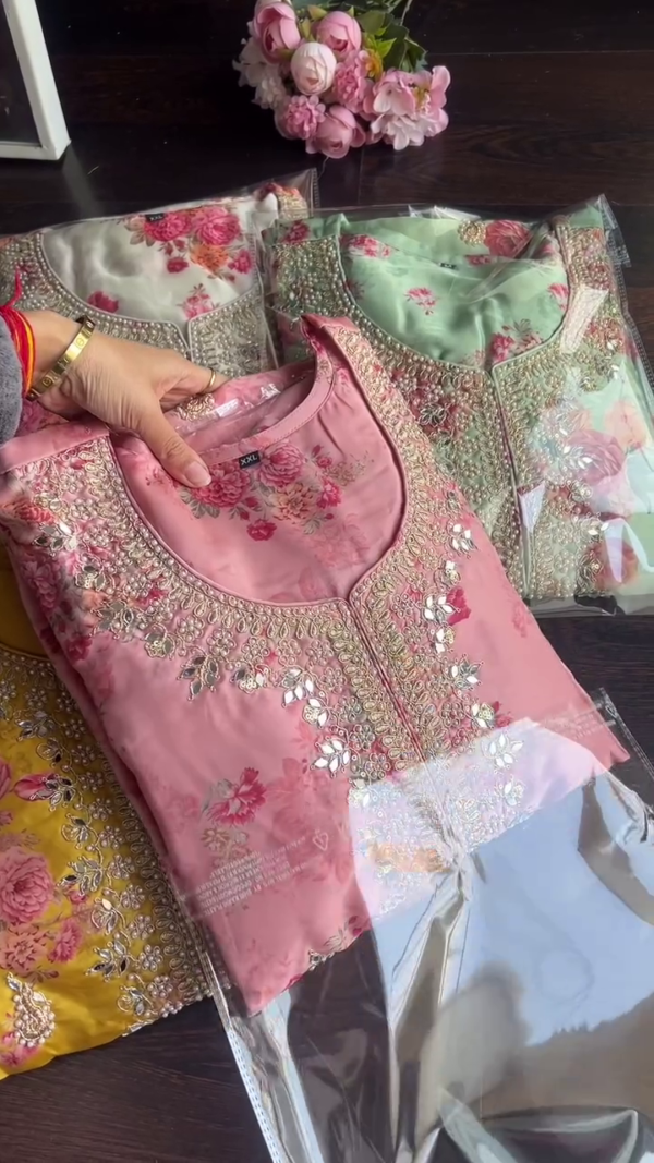 Blush Pink Floral Printed Organza Kurta Set with Heavy Mirror and Thread Embroidery – Elegant Semi-Formal Ethnic Wear for Women – Designer Festive Suit for Day Functions & Celebrations
