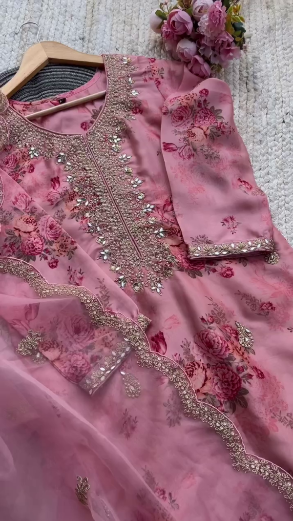 Blush Pink Floral Printed Organza Kurta Set with Heavy Mirror and Thread Embroidery – Elegant Semi-Formal Ethnic Wear for Women – Designer Festive Suit for Day Functions & Celebrations - Image 2