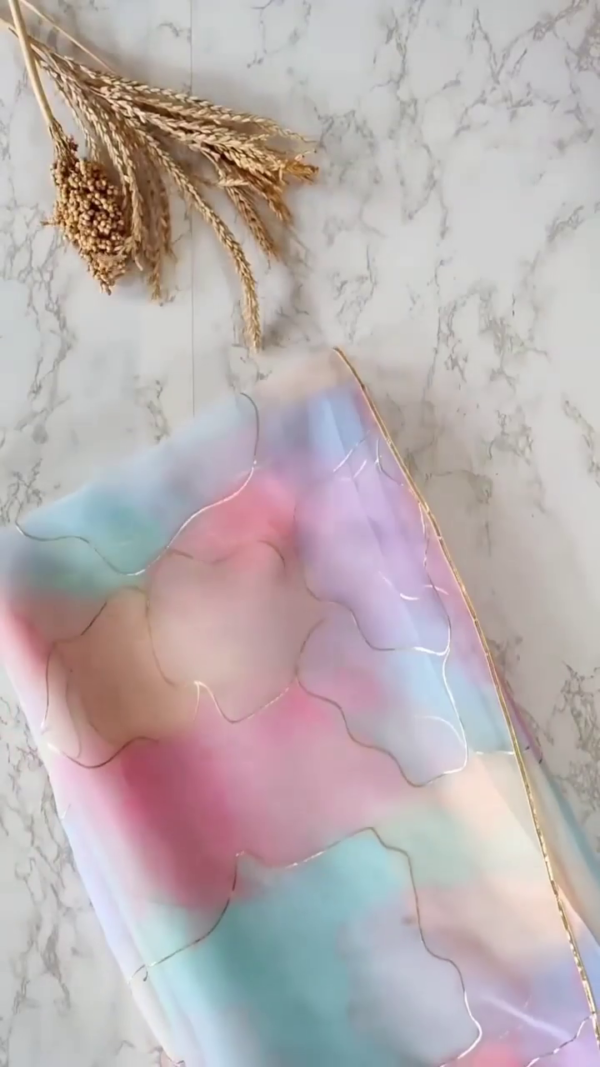 Pastel Rainbow Organza Saree with Gold Outline Detailing and Mint Green Satin Blouse Featuring Organza Bow Accent – Perfect for Elegant Day Events, Festive Occasions, and Contemporary Ethnic Styling - Image 3